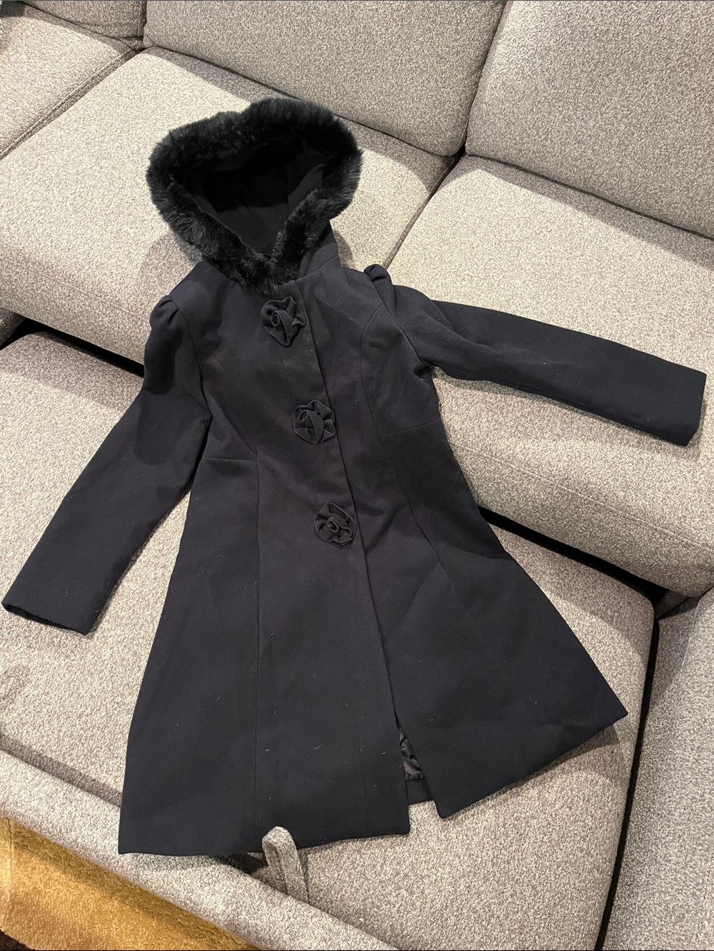 Rothschild Girls Navy Hooded Coat with Faux-Fur Trim
